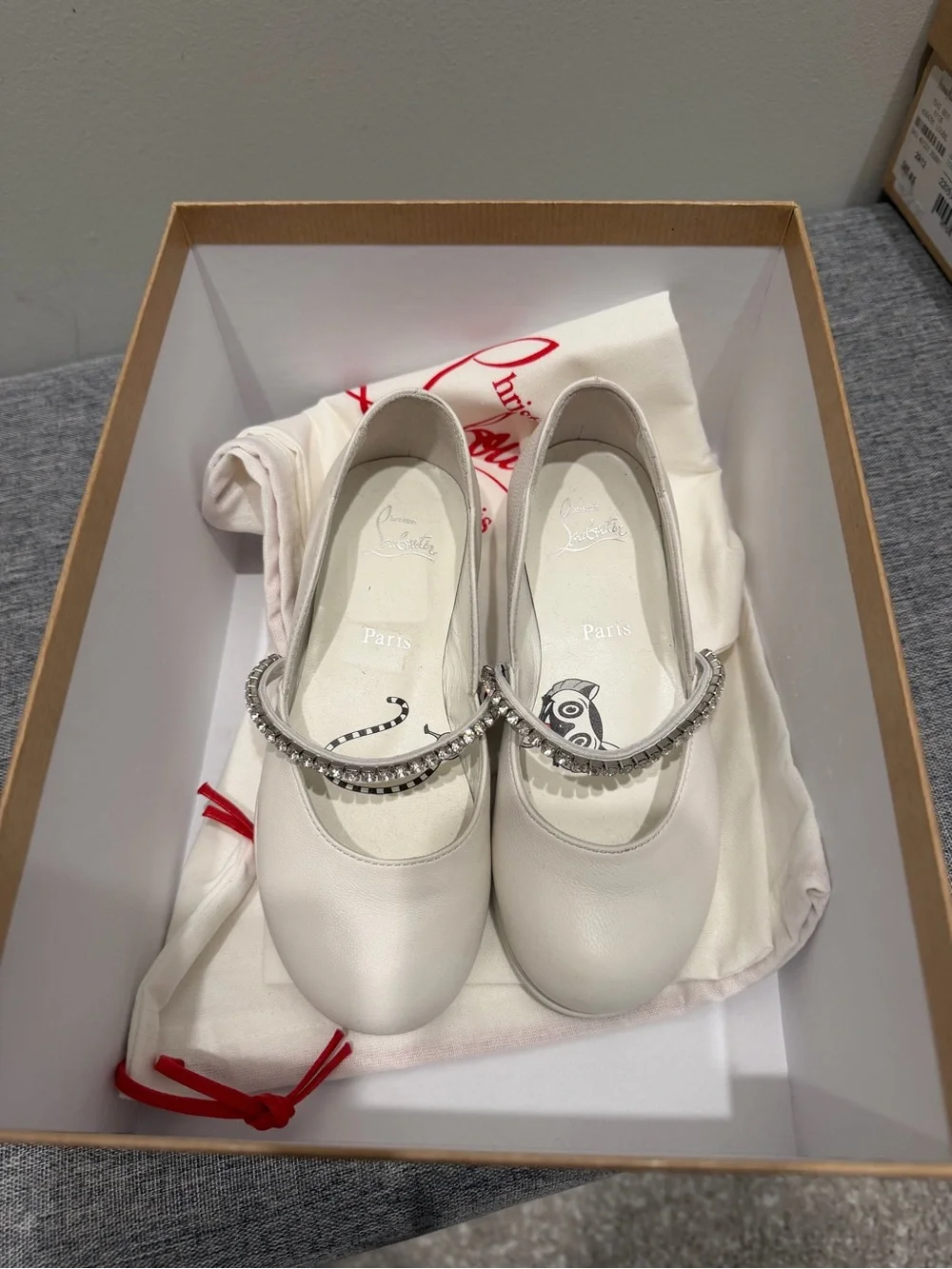 Christian Louboutin White Girls Ballet Flats with Crystal Strap